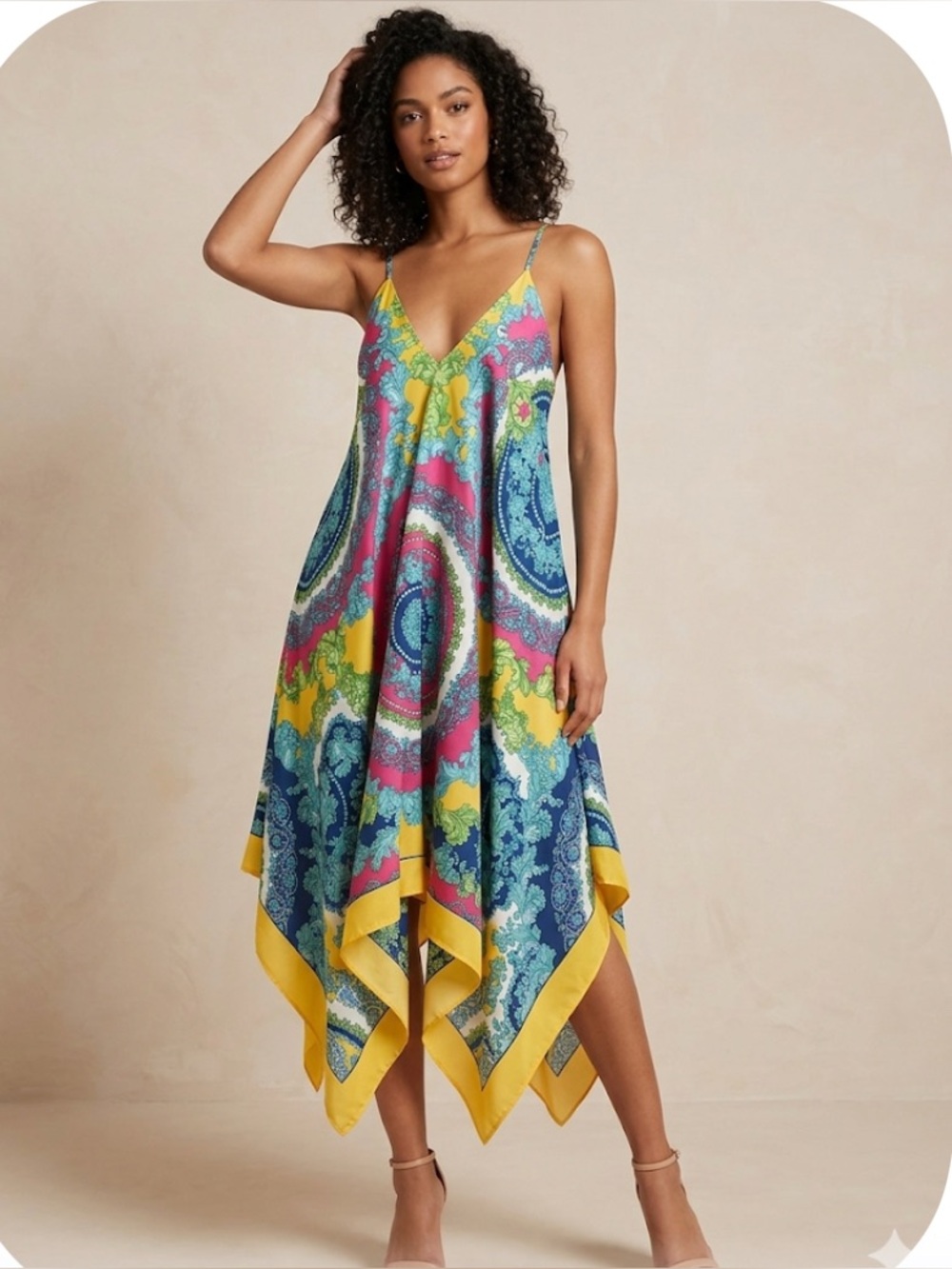 Mlle Gabrielle Paisley  Dress  with Yellow Trim and handkerchief Hem. SZ 3X